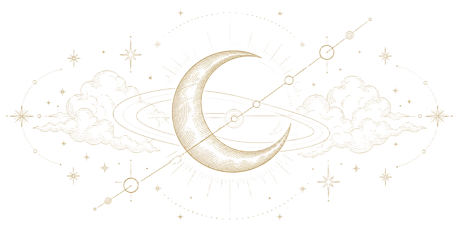 Gold line illustration of a crescent moon, orbital rings and clouds